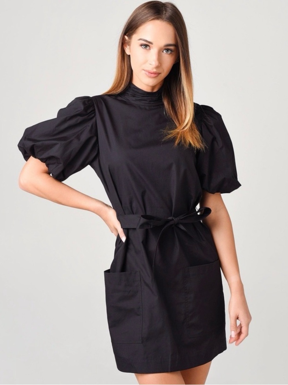 Frame Women’s Margot Dress Belted Puff Sleeves Black Size XS